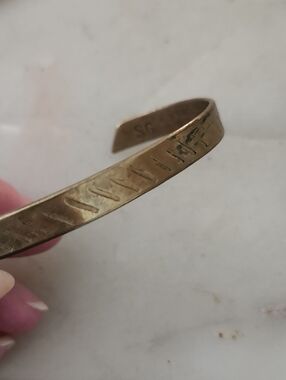 Stamped Brass Cuff Bracelet - Distressed Gold Tone Marked SG